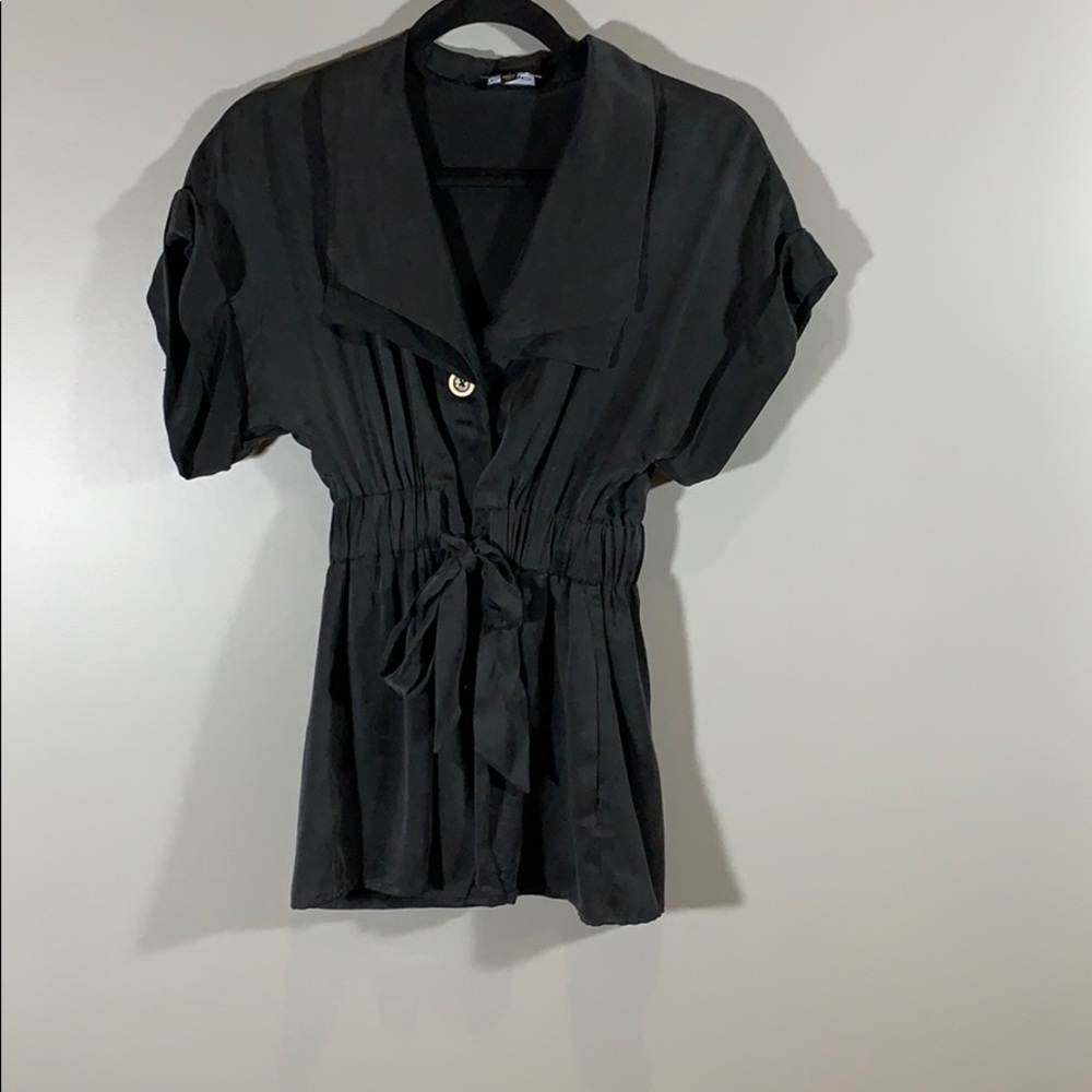 BEBE Button Down 100% Silk Tie Blouse Black Size 0